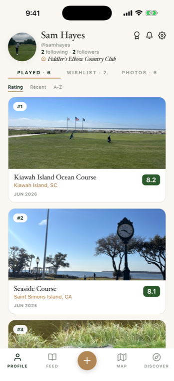 A Fairways profile with ranked courses